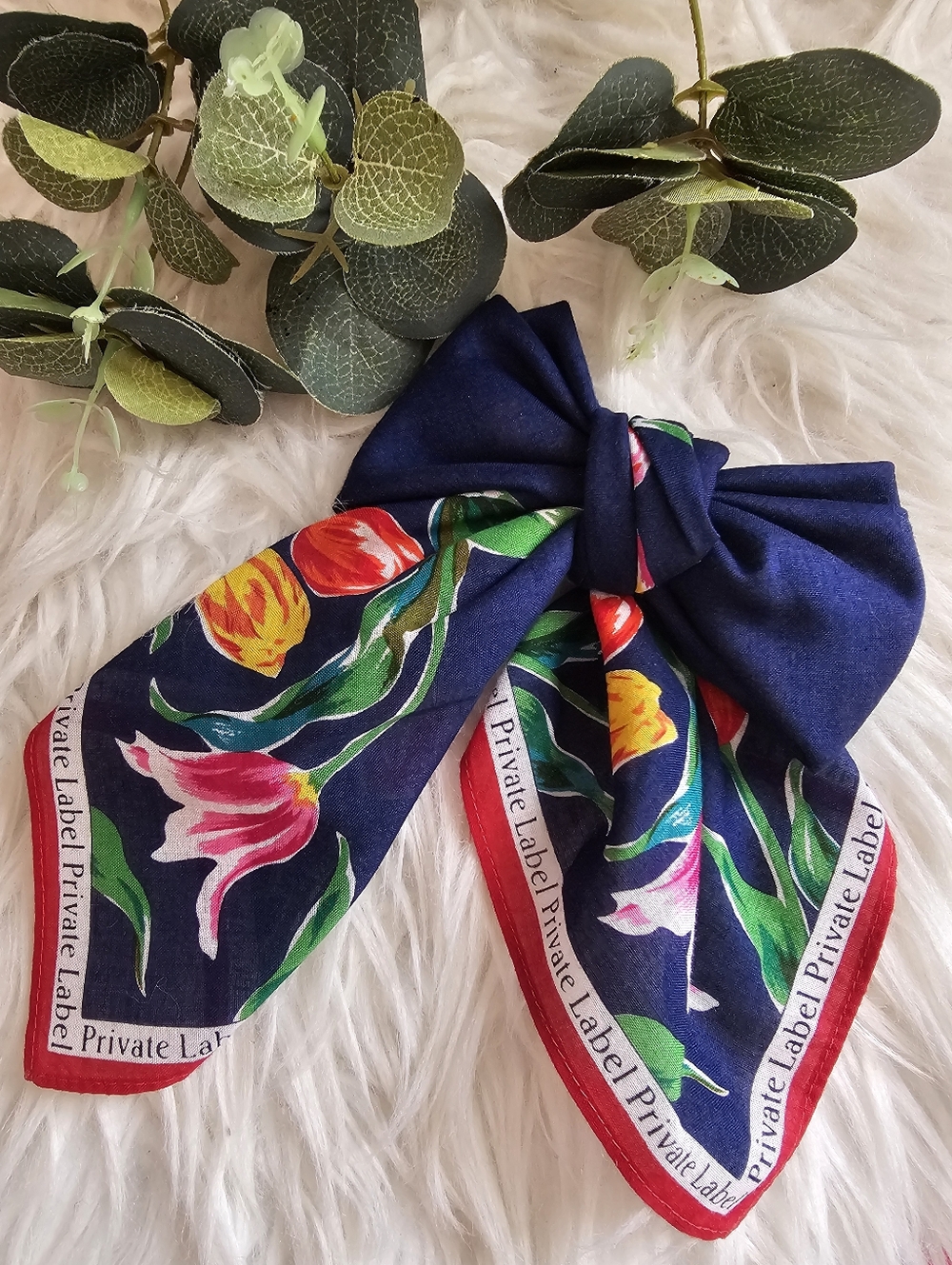Private Label Navy Floral Bow Scarf with Red Edge